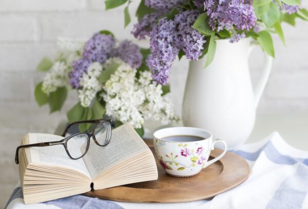 coffee, nature, book, flowers, setting, romantic, beautiful flowers, flower wallpaper, rustic, flower background, teacup, vintage, home, reading, lifestyle, cozy, relaxing, lilac, table, glasses